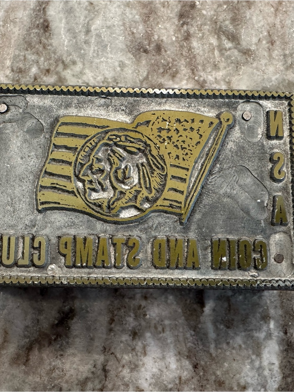 Vintage Metal Stamp Plaque with American Flag Motif - Gold and Silver